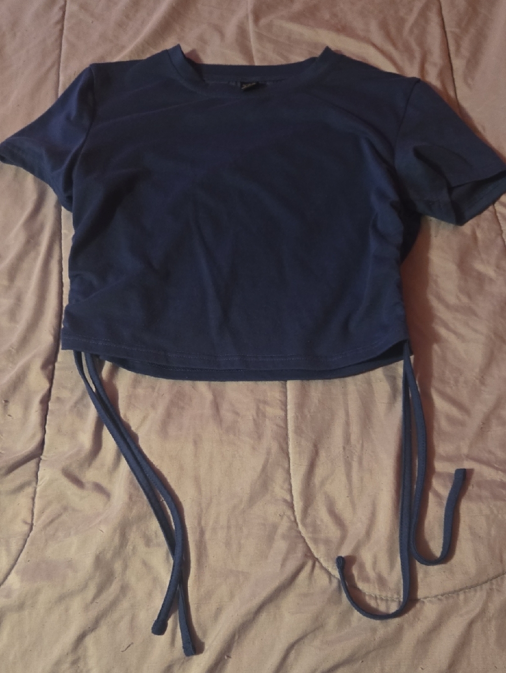 SHEIN Navy Short Sleeve Tie-Hem Crop Top